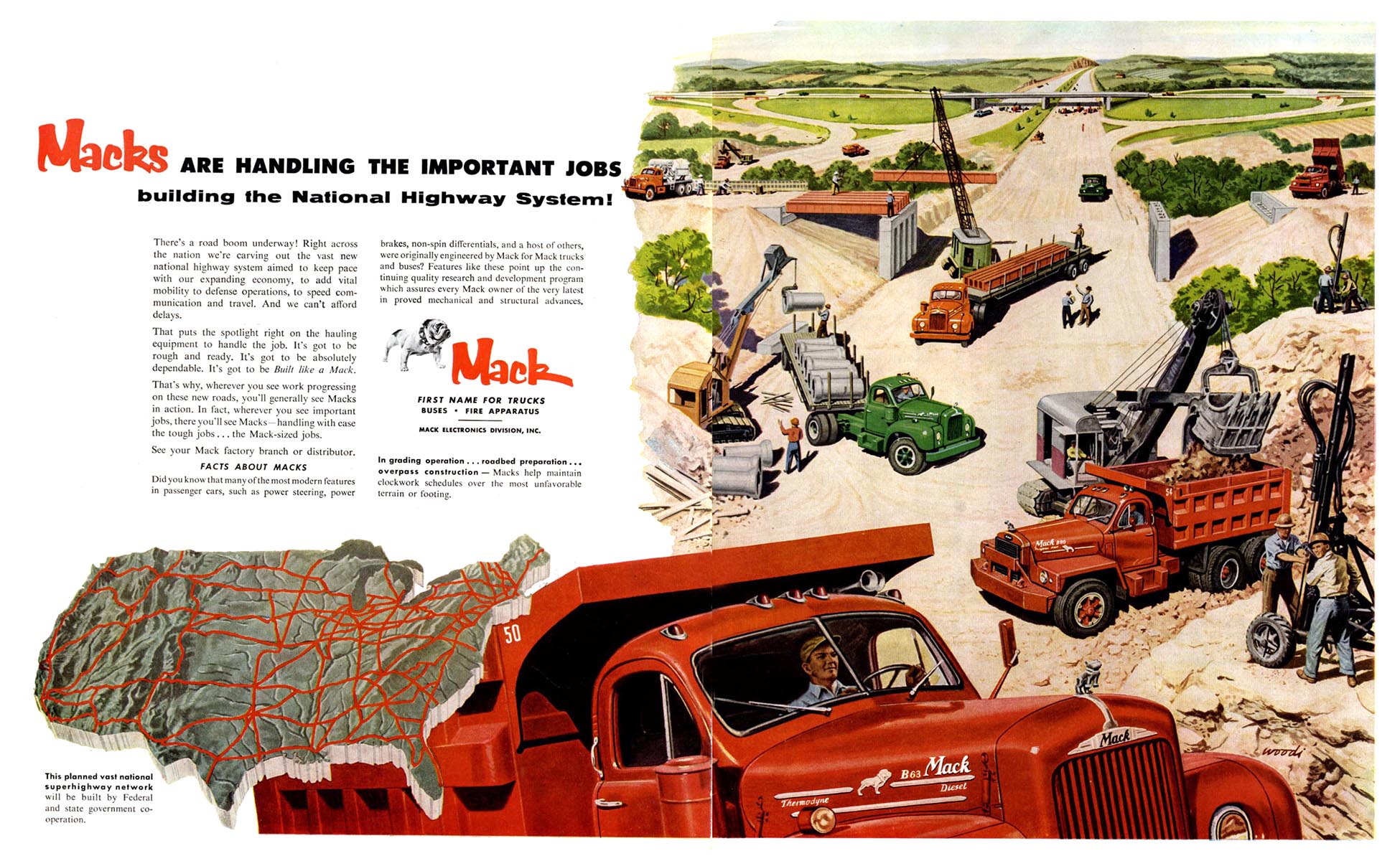 Mack Trucks Ad (October, 1956): Mack Handle the Important Jobs - Illustrated by Woodi Ishmael