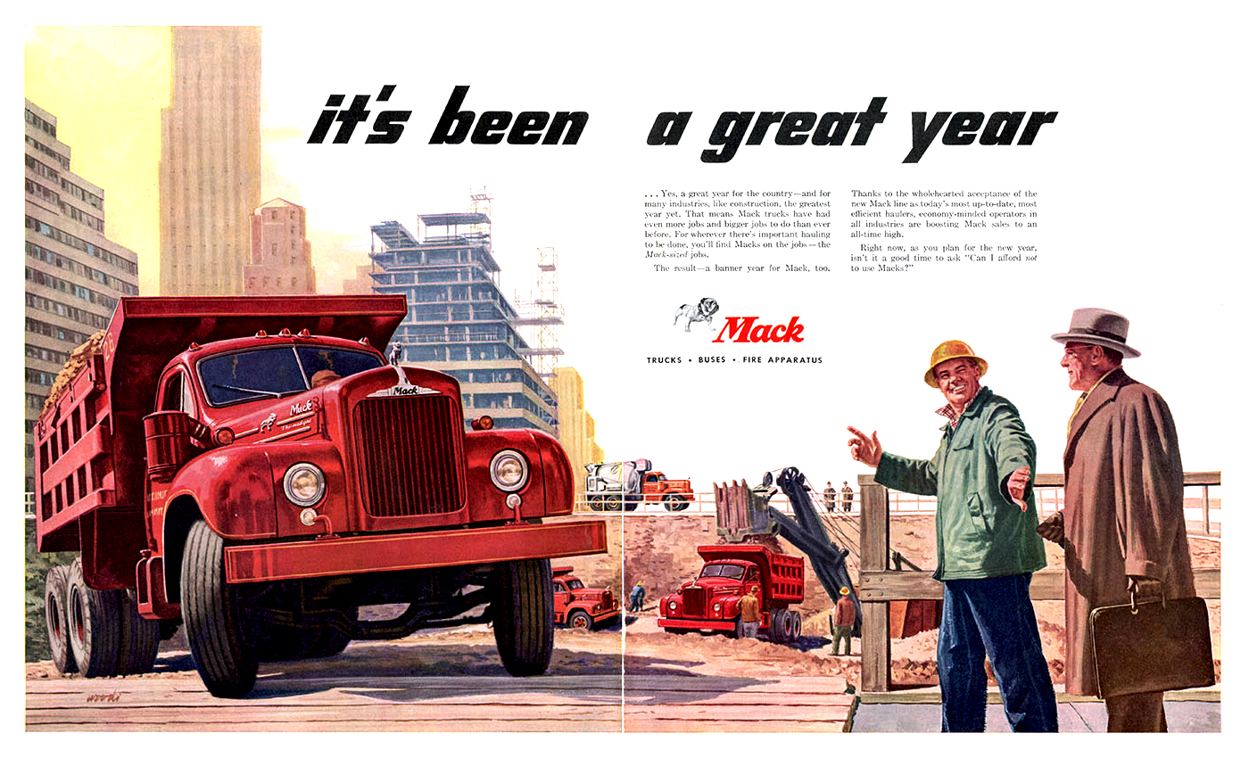 Mack Trucks Ad (?1956-57): it's been a great year - Illustrated by Woodi Ishmael