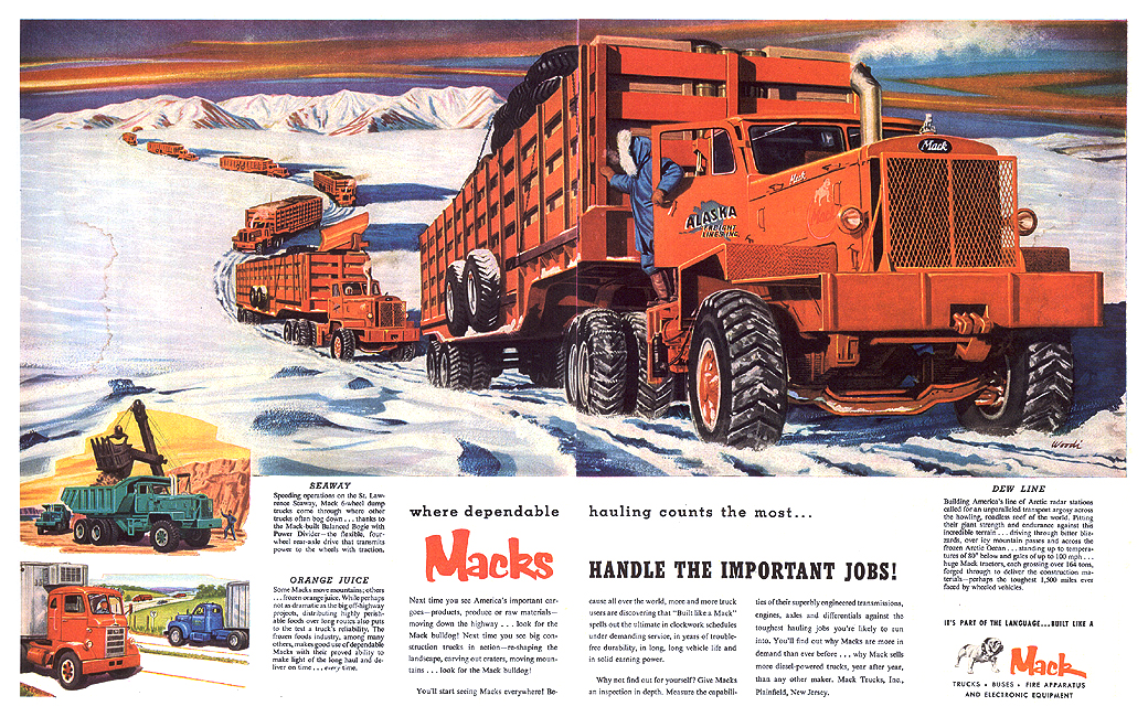 Mack Ad (1957): Mack Handle the Important Jobs! - Illustrated by Woodi Ishmael