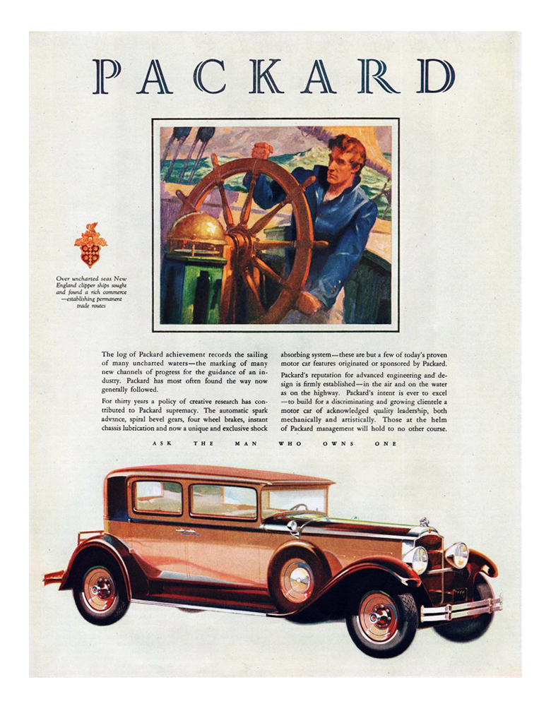 Packard Eight Ad (June–July, 1929) - Over uncharted seas New England clipper ships sought and found a rich commerce — establishing permanent trade routes