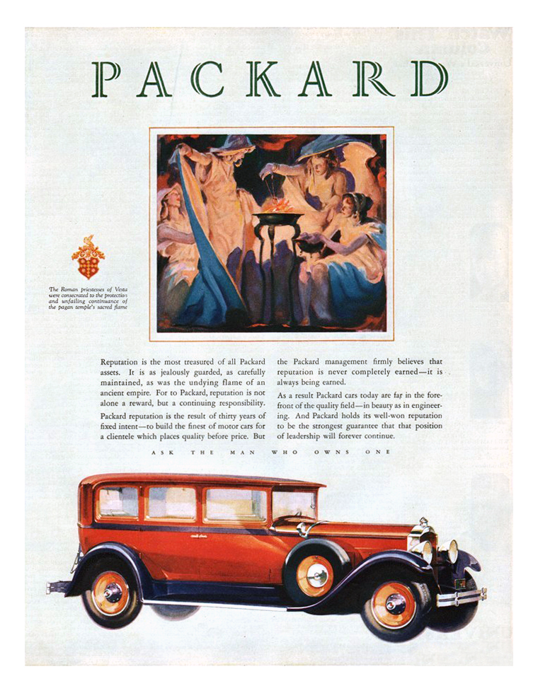 Packard 633 7-Passenger Sedan Ad (August–September, 1929) - The Roman priestesses of Vesta were consecrated to the protection and unfailing continuance of the pagan temple's sacred flame