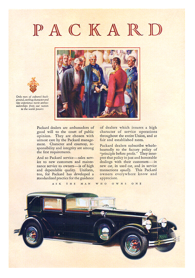 Packard Town Car Ad (August, 1929) - Only men of cultured background, sterling character and ripe experience merit ambassadorships from our nation to the world powers