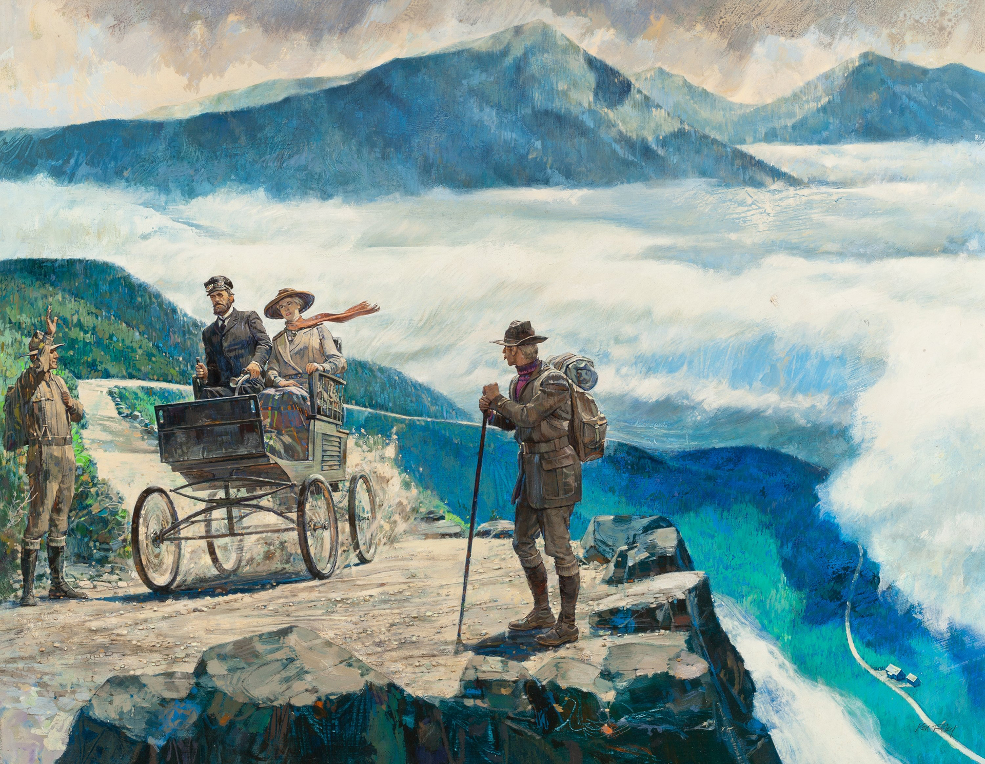 1899 Stanley Steamer: Mr. Stanley Turns on the Stream - Calendar illustration by Kenneth Riley