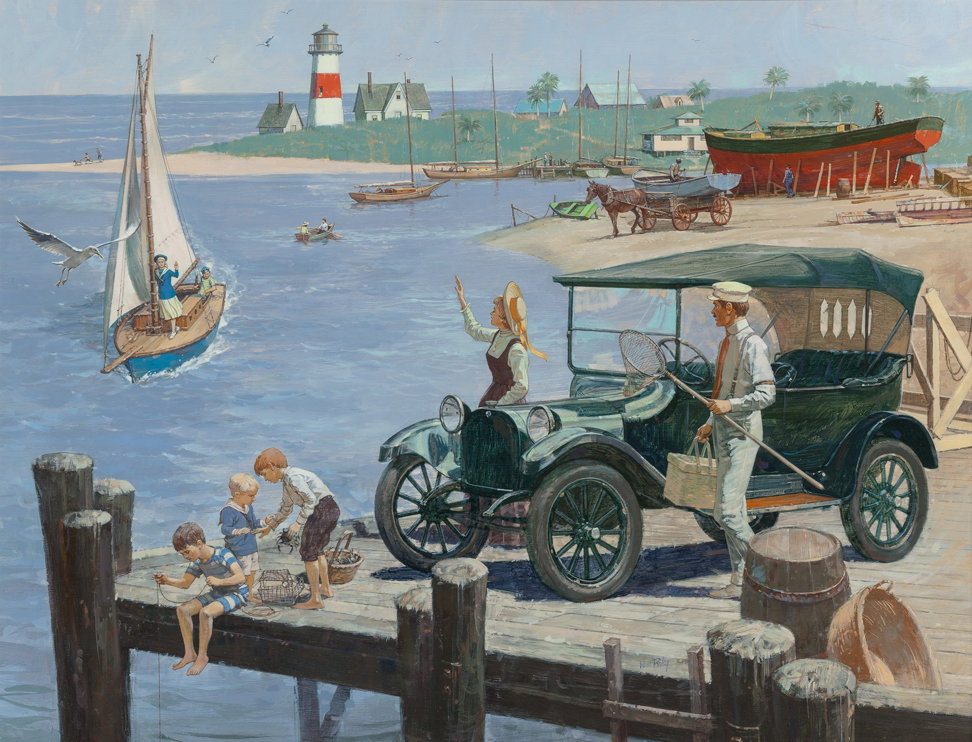 1915 Dodge Touring Car: Down at the Pier - Calendar illustration by Kenneth Riley