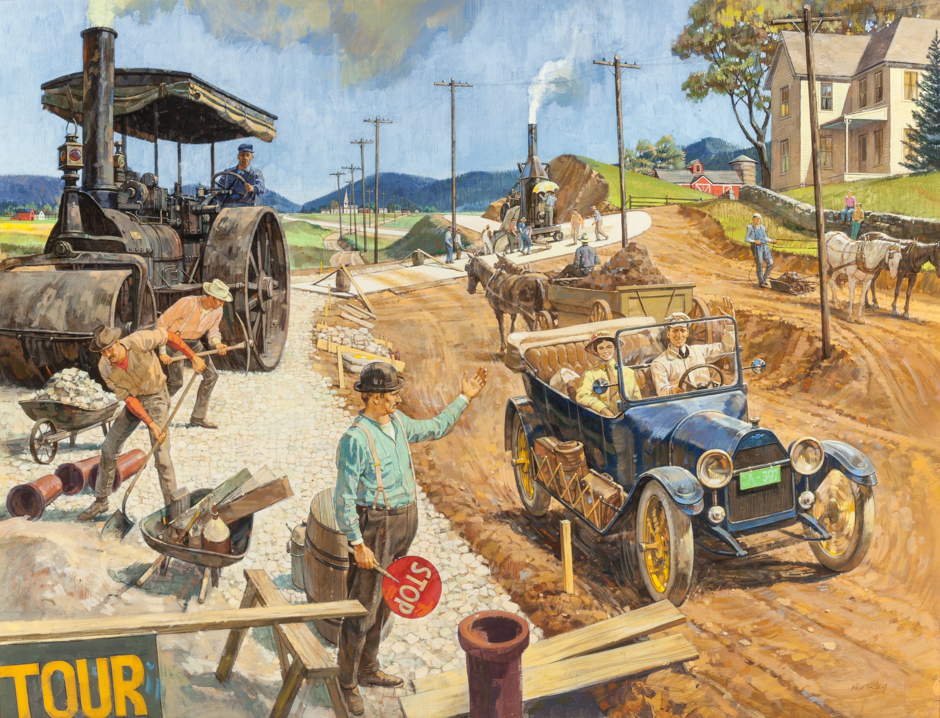1916 Chevrolet: Lincoln Highway—First from Coast to Coast - Calendar illustration by Kenneth Riley