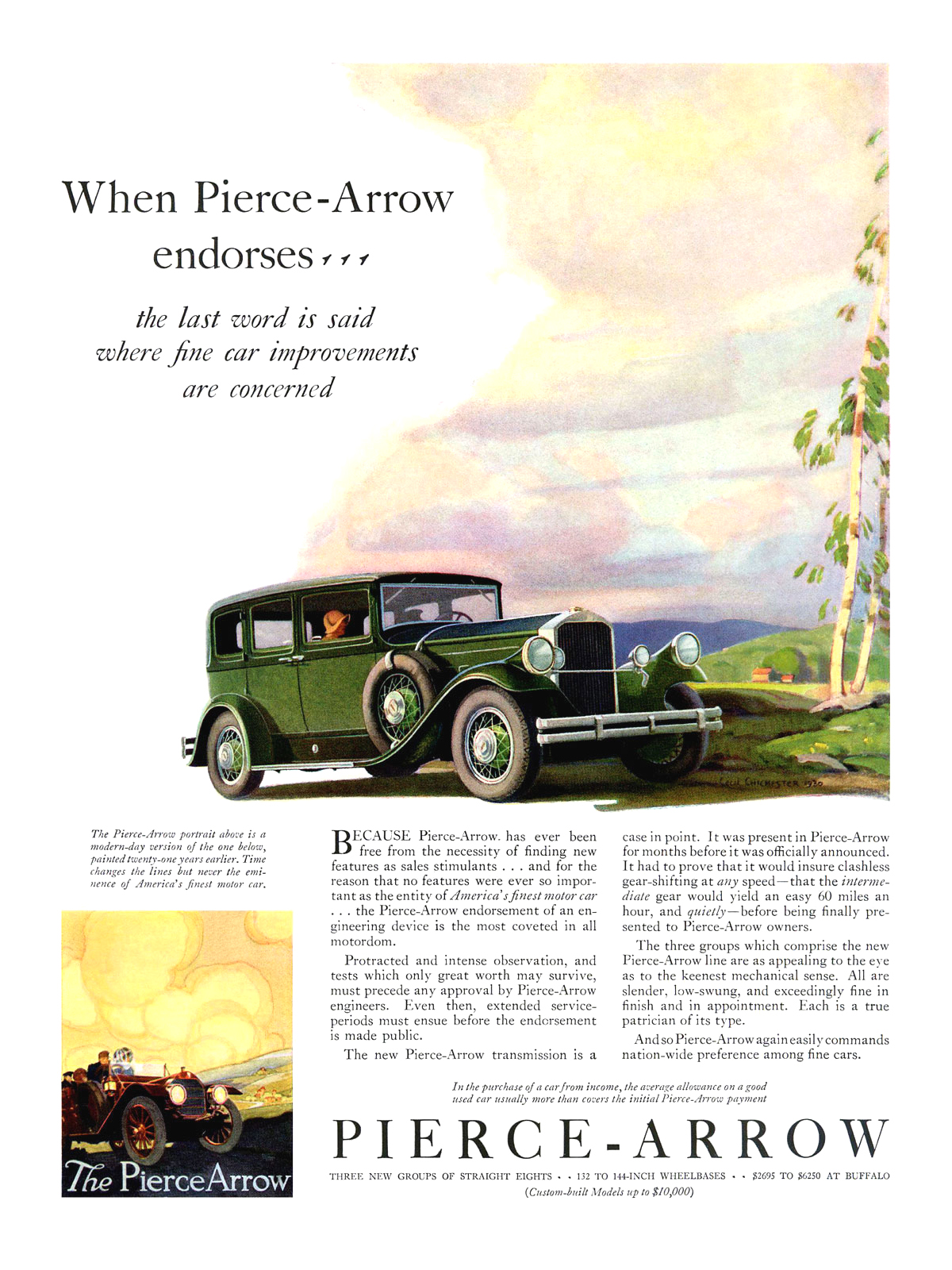 Pierce-Arrow Ad (May, 1930) - Illustrated by Cecil Chichester - The Pierce-Arrow portrait above is a modern-day version of the one below, painted twenty-one years earlier. Time changes the lines but never the eminence of America's finest motor car.