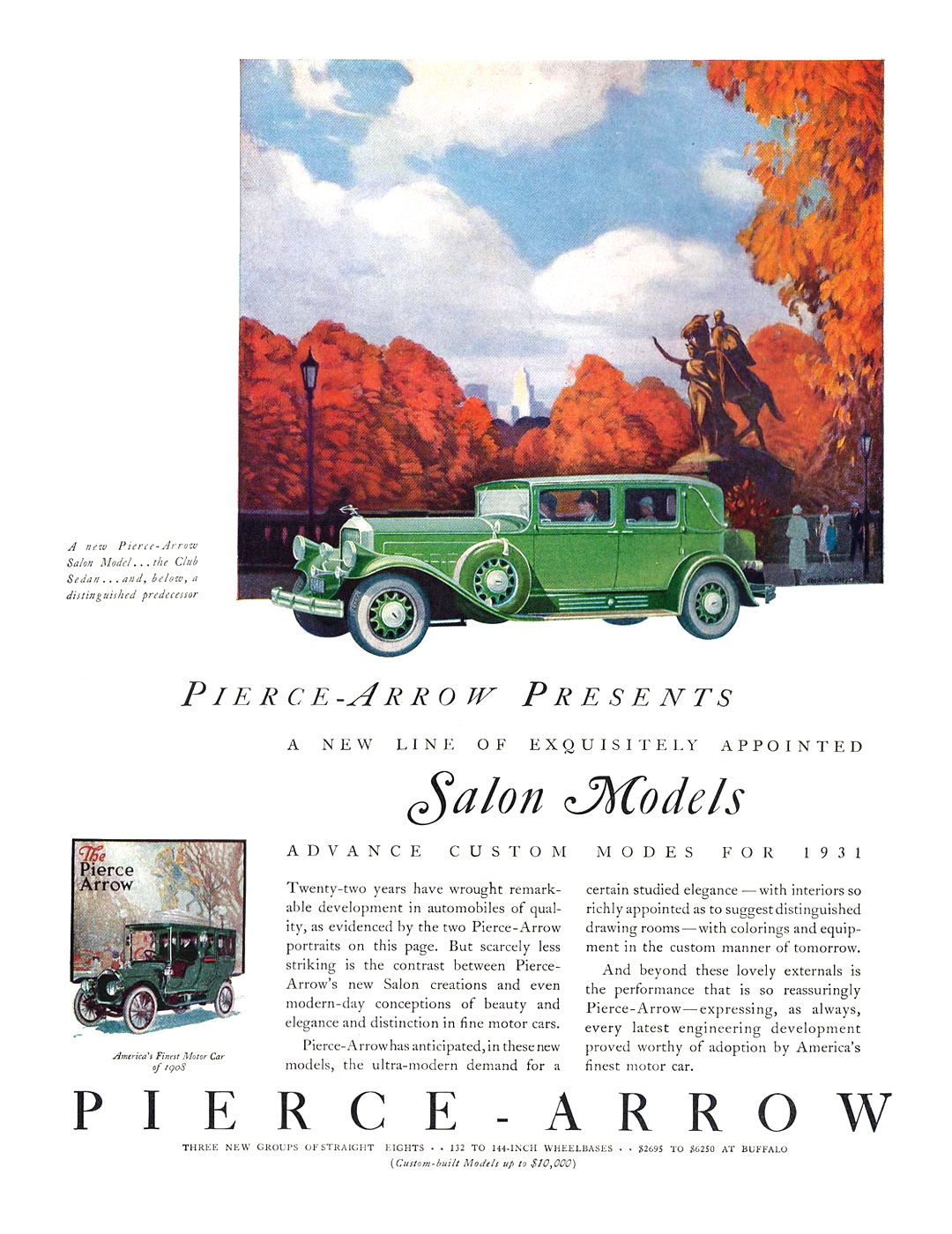 Pierce-Arrow Ad (September–October, 1930) - Illustrated by Cecil Chichester - A new Pierce-Arrow Salon Model... the Club Sedan... and, below, a distinguished predecessor