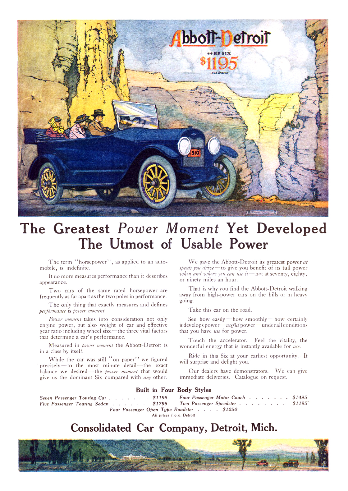 Abbott-Detroit Six Touring Car Ad (1916): The Greatest Power Moment Yet Developed — The Utmost of Usable Power