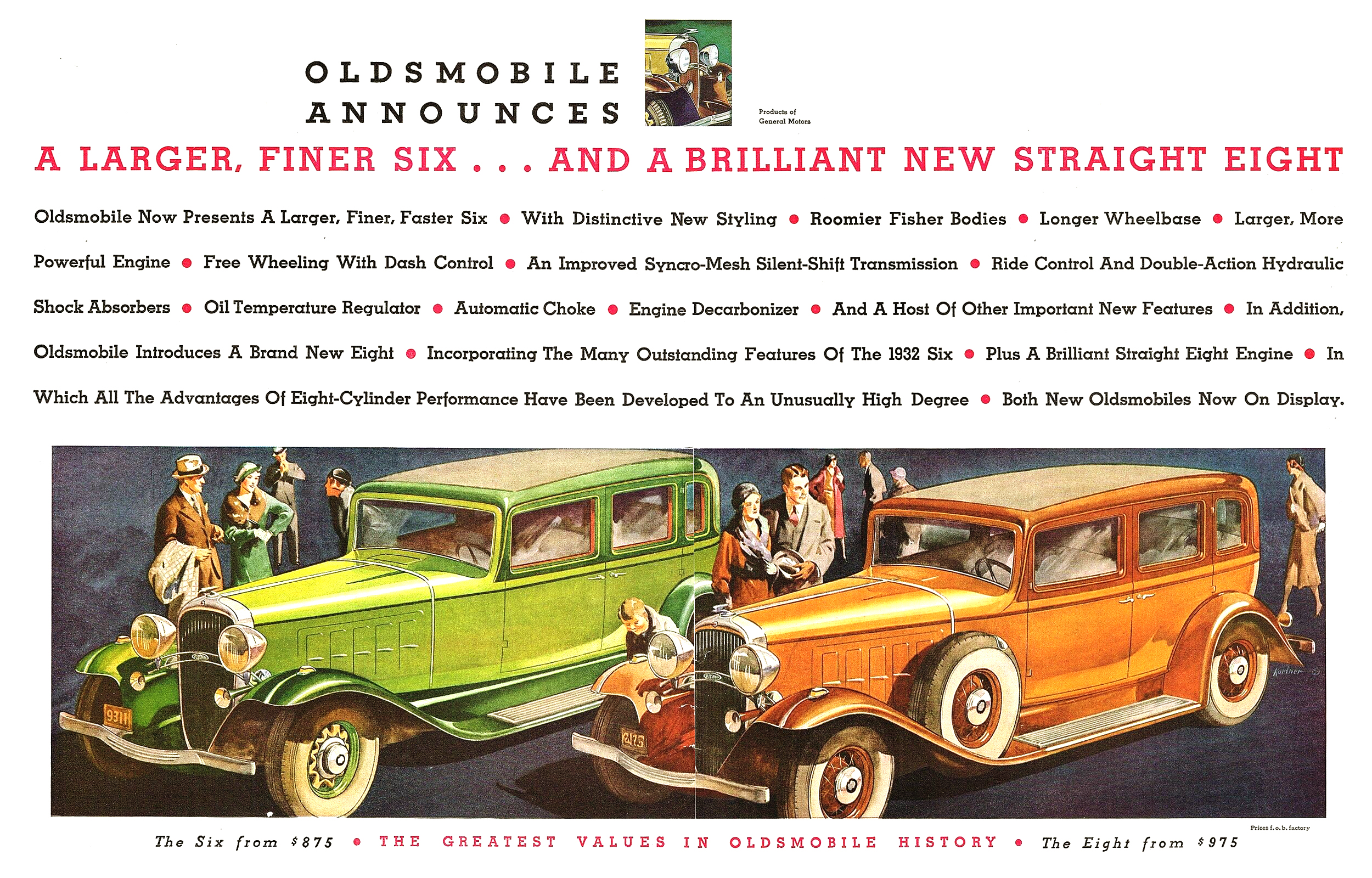Oldsmobile Ad (January, 1932): A Larger, Finer Six... and a Brilliant New Straight Eight 