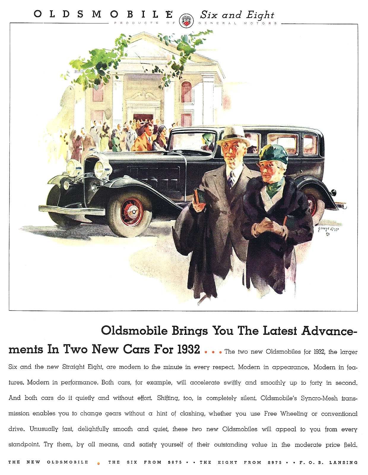 Oldsmobile Four Door Sedan Ad (March, 1932): Illustrated by George Rapp