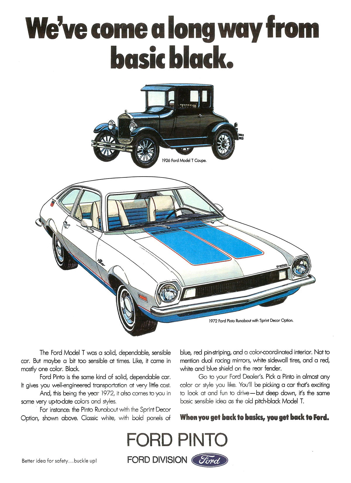 Ford Pinto Runabout With Sprint Decor Option and 1924 Model T Coupe Ad (May–June, 1972) - We've come a long way from basic black.