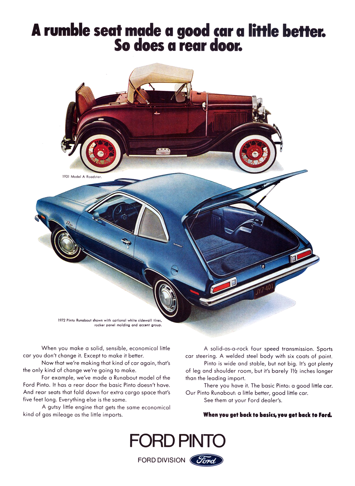 Ford Pinto Runabout and 1931 Model A Roadster Ad (March, 1972) - A rumble seat made a good car a little better. So does a rear door.