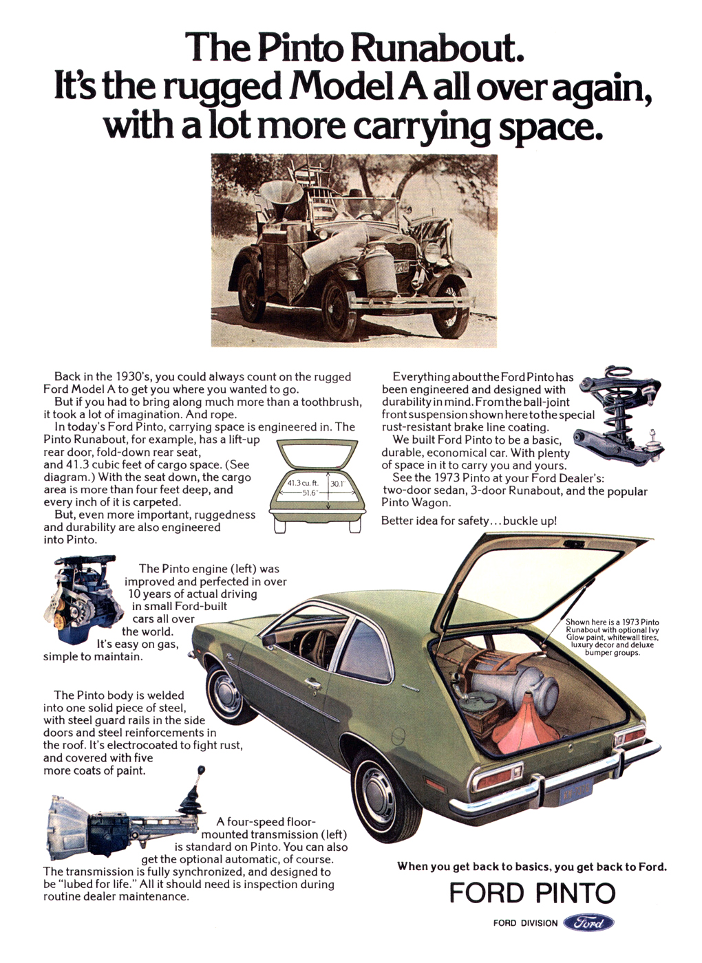 Ford Pinto Runabout Ad (July–August, 1973) - The Pinto Runabout. It's the rugged Model A all over again, with a lot more carrying space.