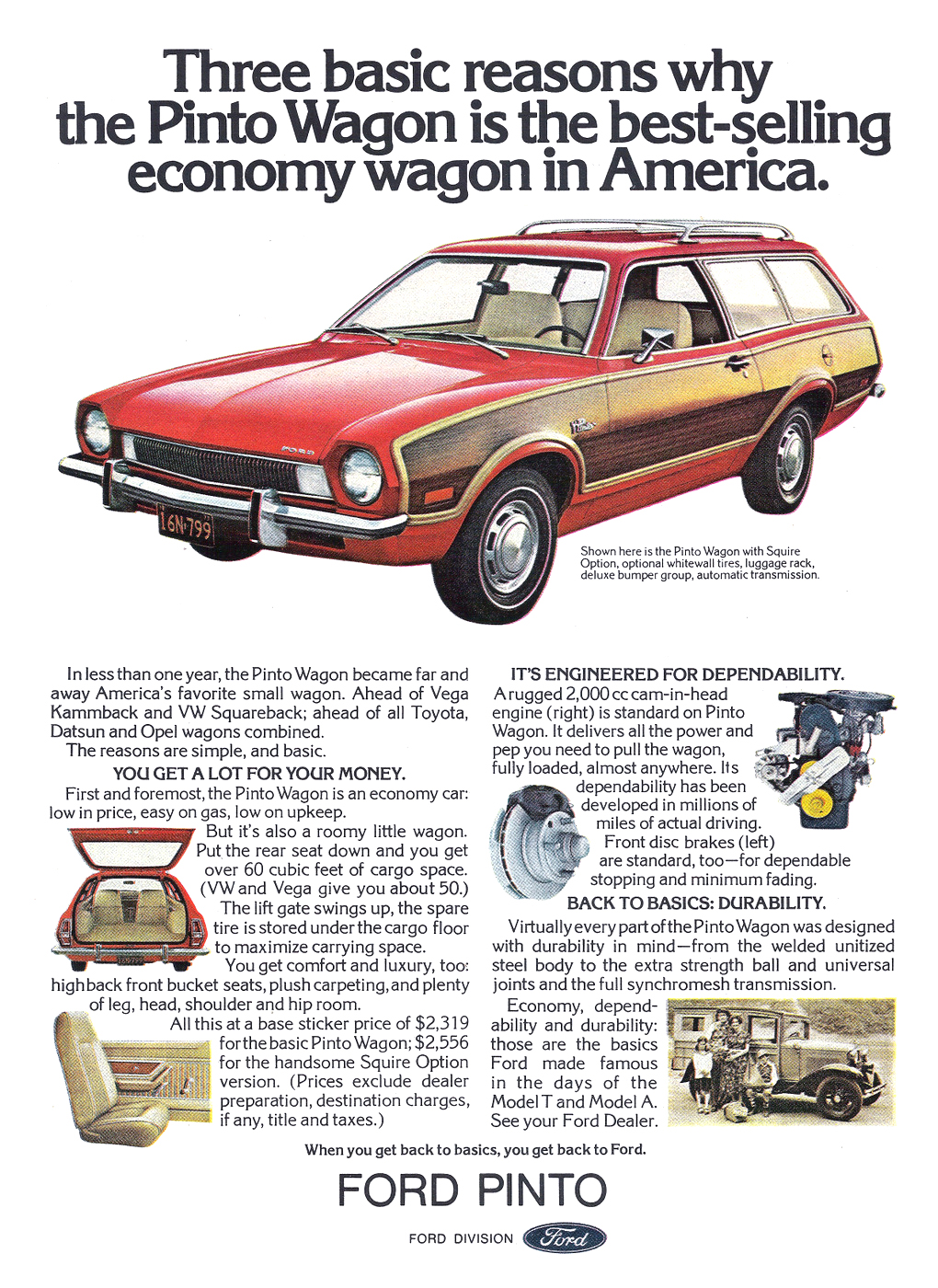 Ford Pinto Wagon with Squire Option Ad (1973) - Three basic reasons why the Pinto Wagon is the best-selling economy wagon in America.