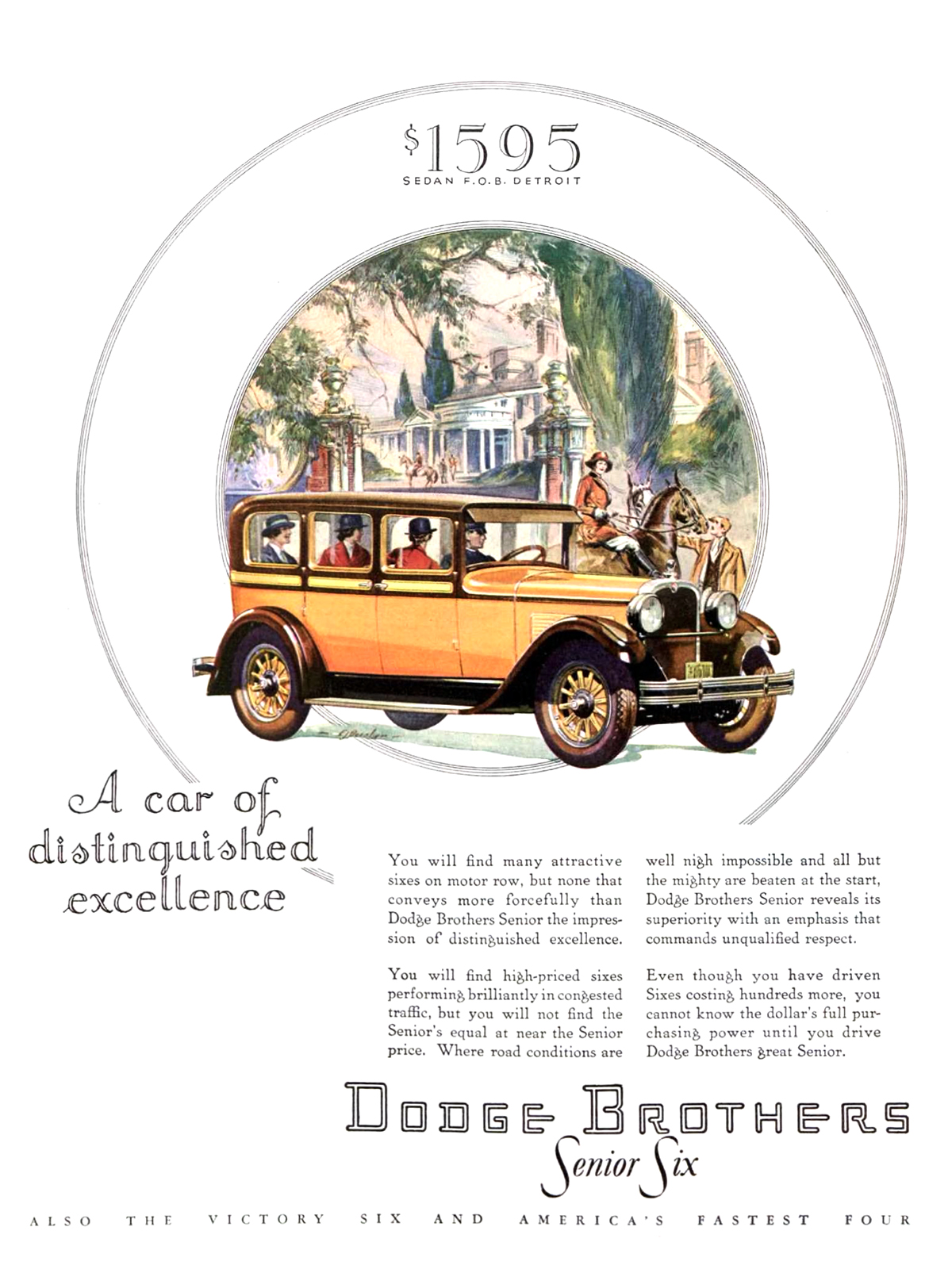 Dodge Brothers Senior Six Sedan Ad (March, 1928): A car of distinguished excellence