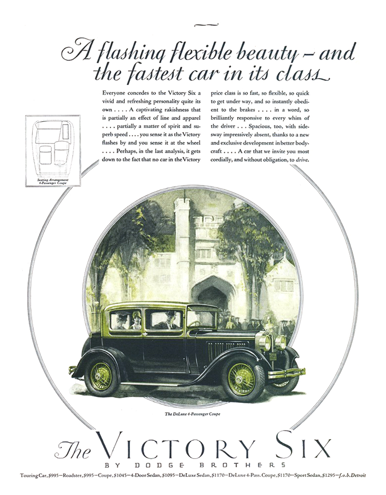 Dodge Brothers Victory Six DeLuxe 4-Passenger Coupe Ad (June, 1928): A flashing flexible beauty — and the fastest car in its class