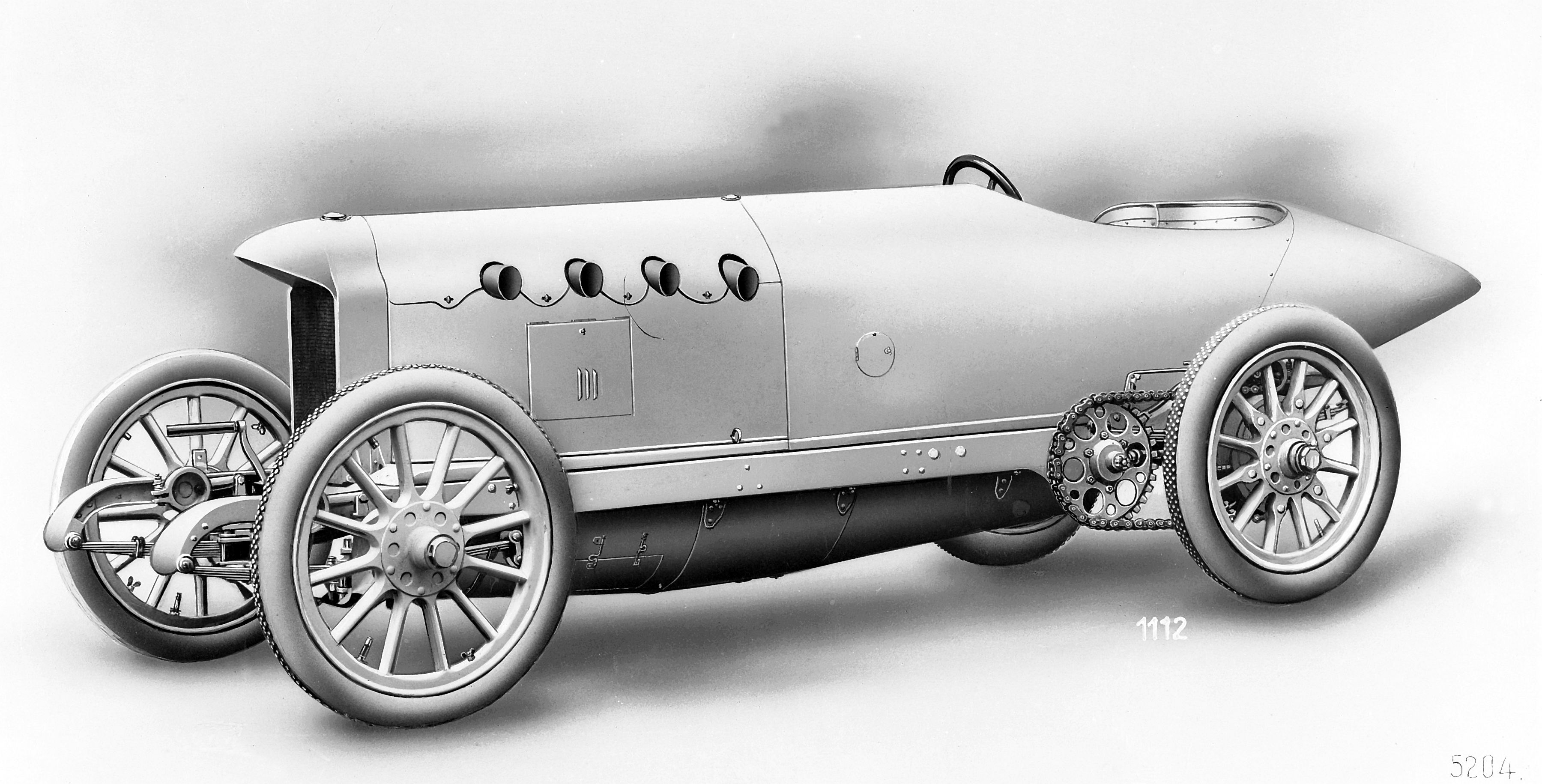 This is one of the original depictions of the magnificent Blitzen Benz Model 200 which Moross procured for Oldfield. One of six manufactured, the car was named for the horsepower output of its enormous 1,311-cubic inch four-cylinder engine designed by Louis DeGroullard.