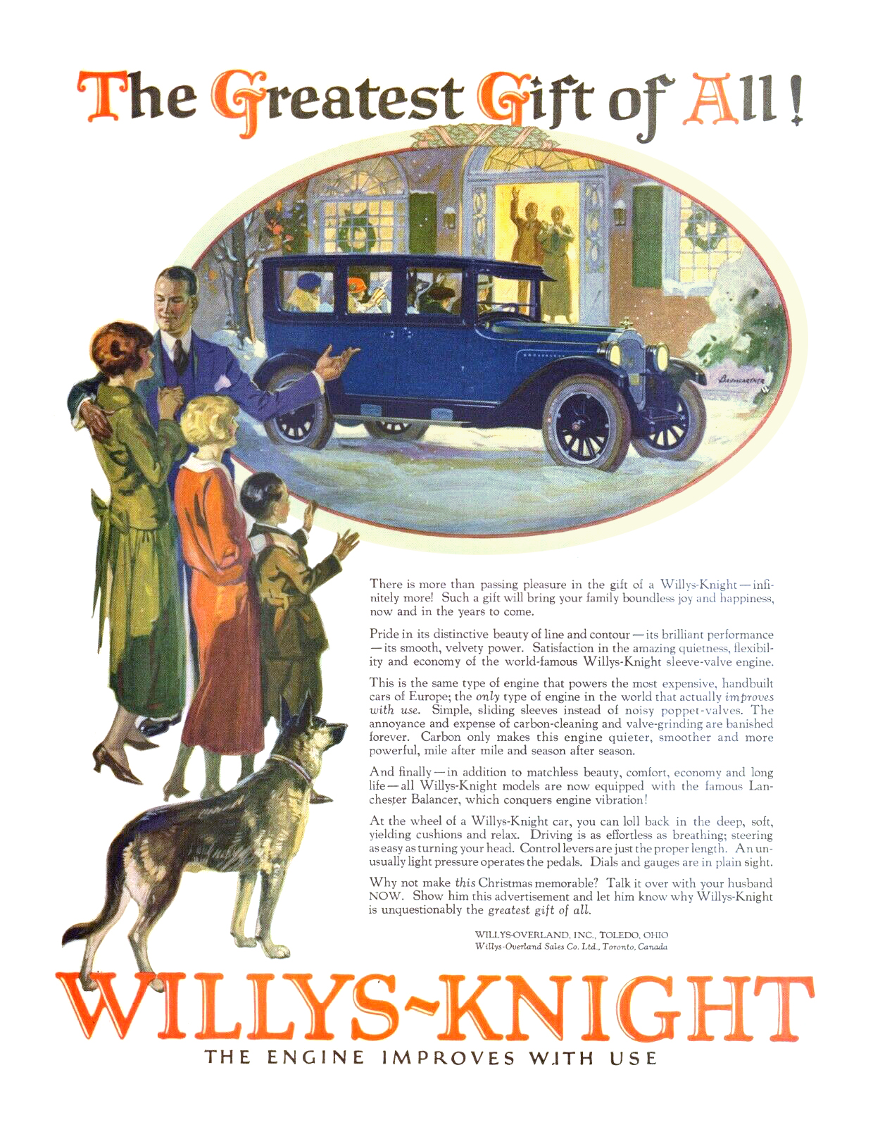 Willys-Knight Ad (December, 1924) – The Greatest Gift of All! – Illustrated by Warren Baumgartner