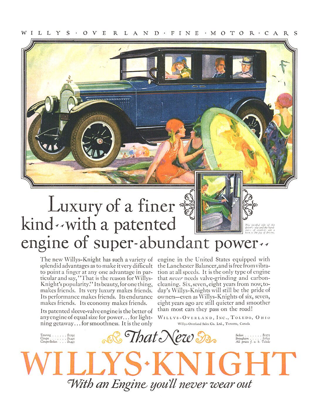 The New Willys-Knight Sedan Ad (July, 1925) – Luxury of a finer kind with a patented engine of a super-abundant power