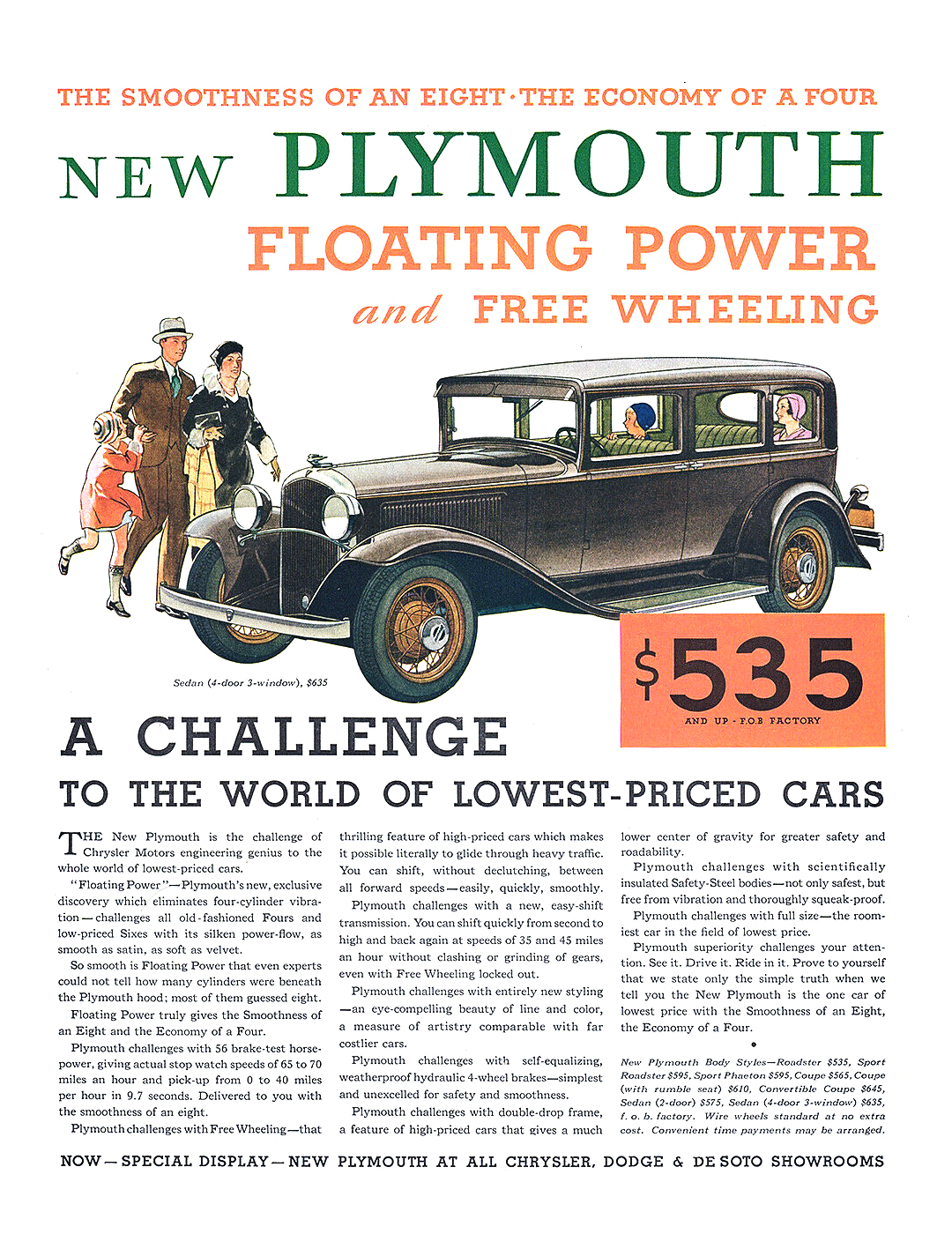 Plymouth 4-door 3-window Sedan Ad (August, 1931) – A challenge to the world of lowest-priced cars