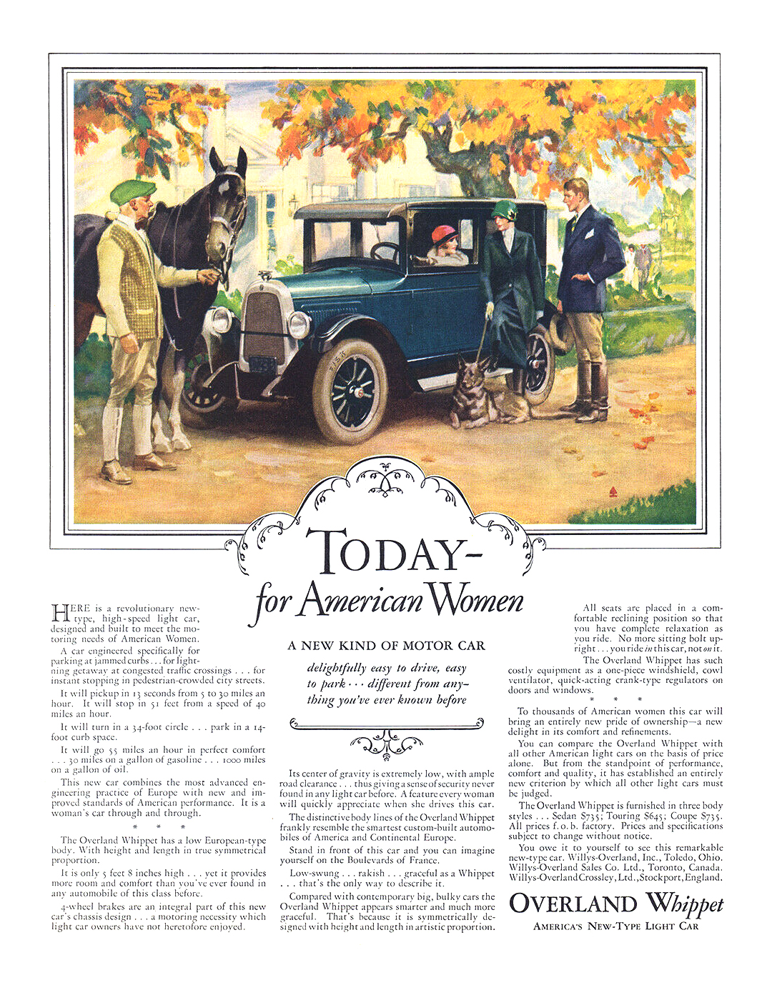 Overland Whippet Ad (October, 1926) – Today — for American Women a New Kind of Motor Car