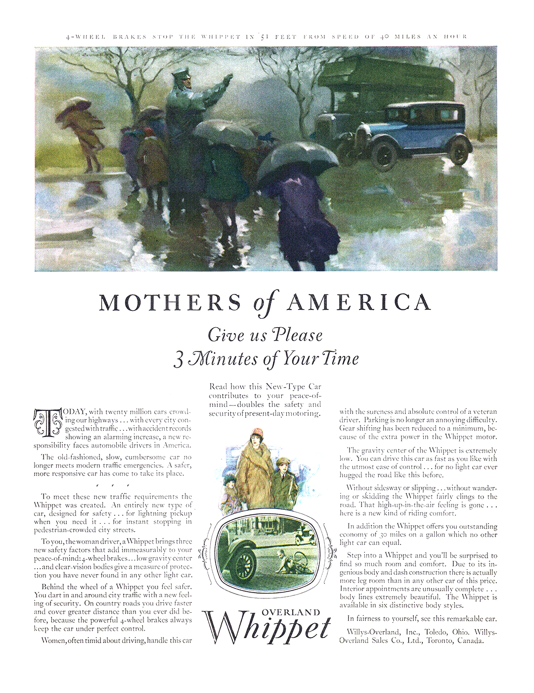Overland Whippet Ad (March, 1927) – 4-wheel brakes stop the Whippet in 51 feet from speed of 40 miles an hour