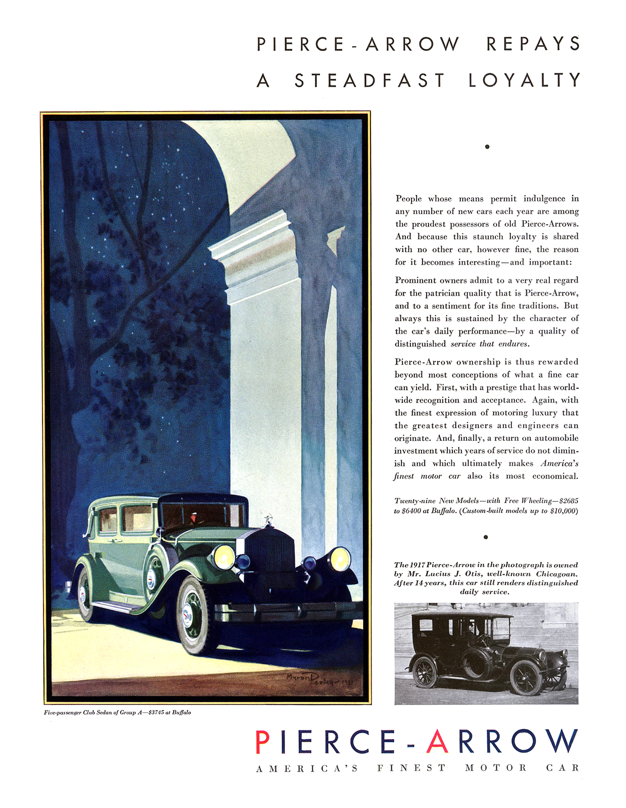 Pierce-Arrow Five-passenger Club Sedan Ad (May, 1931) – Illustrated by Myron Perley