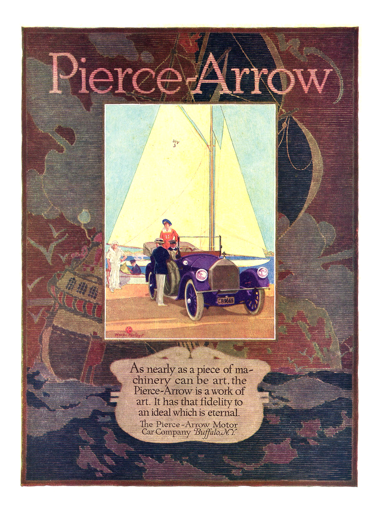 Pierce-Arrow Ad (October, 1915) – As nearly as a piece of machinery can be art, the Pierce-Arrow is a work of art. It has that fidelity to an ideal which is eternal. – Illustrated by Myron Perley