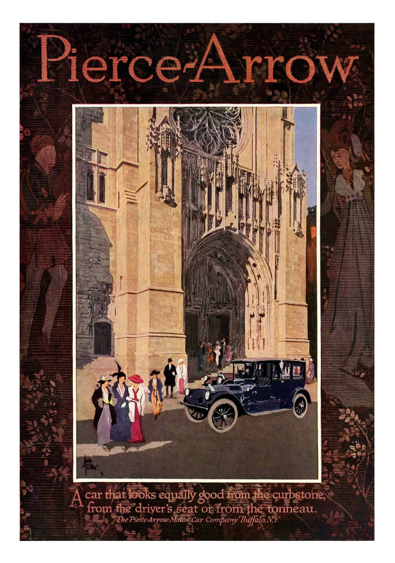 Pierce-Arrow Ad (December, 1915) – A car that looks equally good from the curbstone, from the driver's seat or from the tonneau. – Illustrated by Adolph Treidler