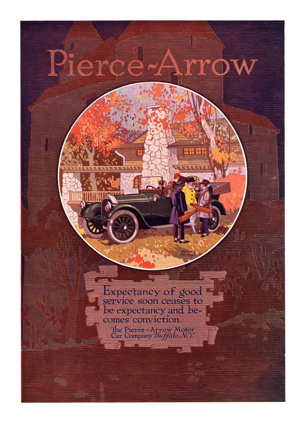 Pierce-Arrow Ad (1916) – Expectancy of good service soon ceased to be expectancy and becomes conviction. – Illustrated by Myron Perley