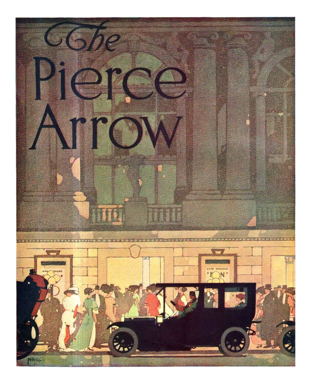 Pierce-Arrow Ad (July, 1910) – The Pierce-Arrow at the New Theatre – Illustrated by Myron Perley