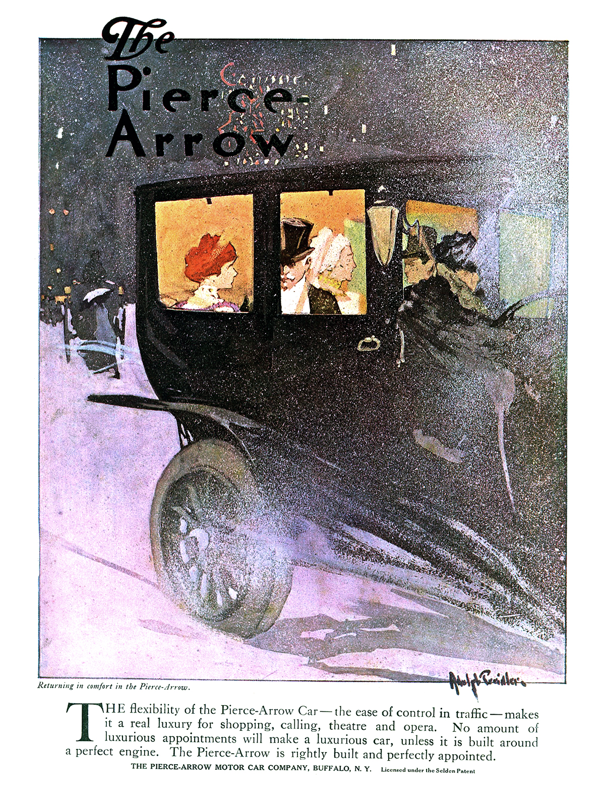 Pierce-Arrow Ad (September–October, 1910) – Returning in comfort in the Pierce-Arrow – Illustrated by Adolph Treidler