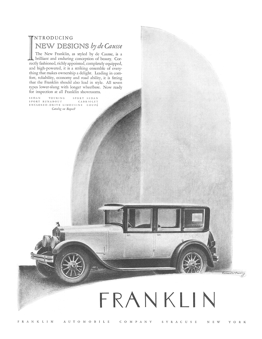 Franklin Ad (April, 1925): Introducing New Designs by de Causse – Illustrated by Everett Henry