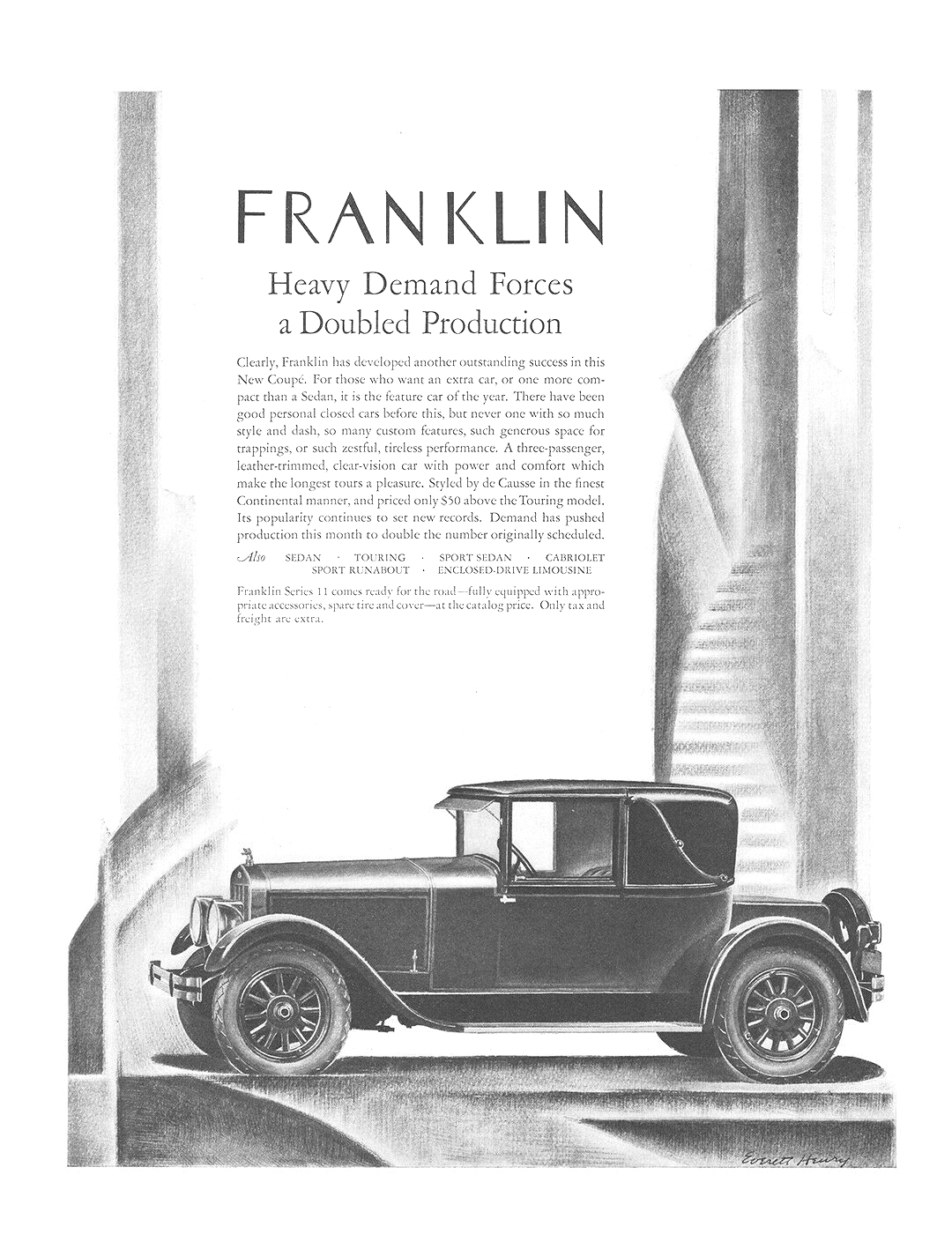 Franklin Ad (October, 1925): Series 11 New Coupe Styled by de Causse – Illustrated by Everett Henry