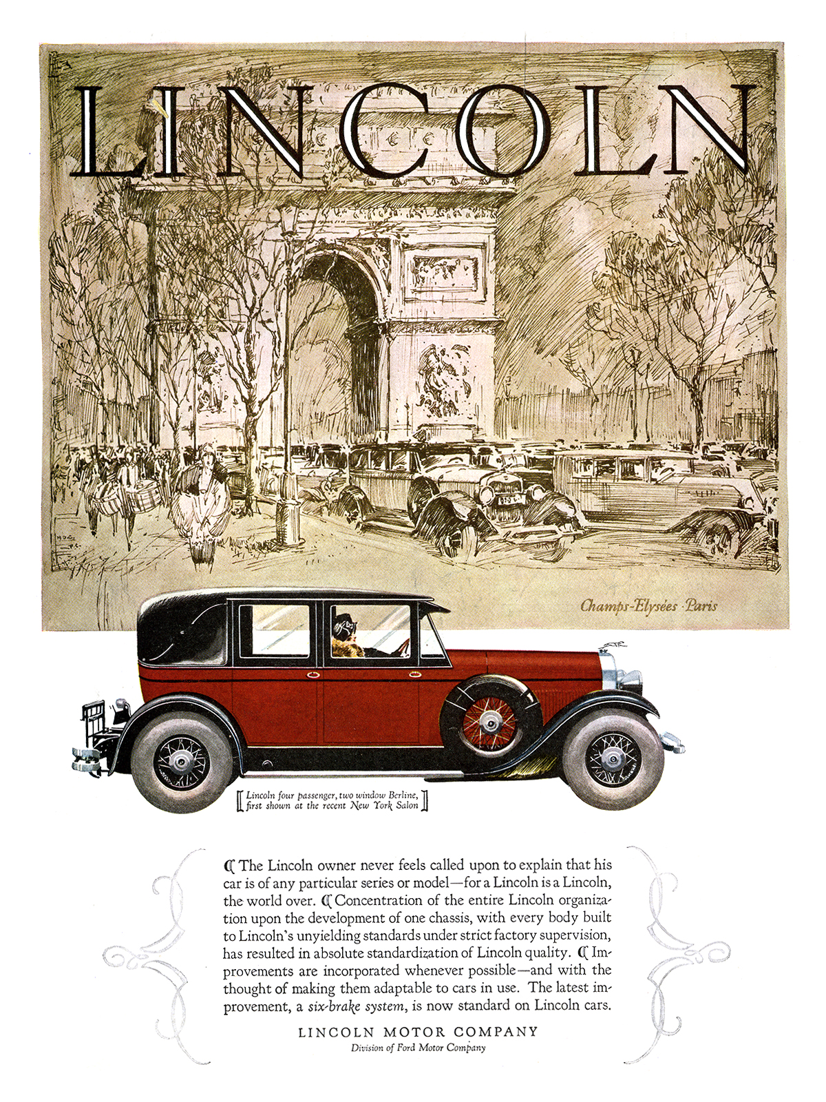 Lincoln Four Passenger Two Window Berline Ad (February, 1927) – Champs-Élysées, Paris