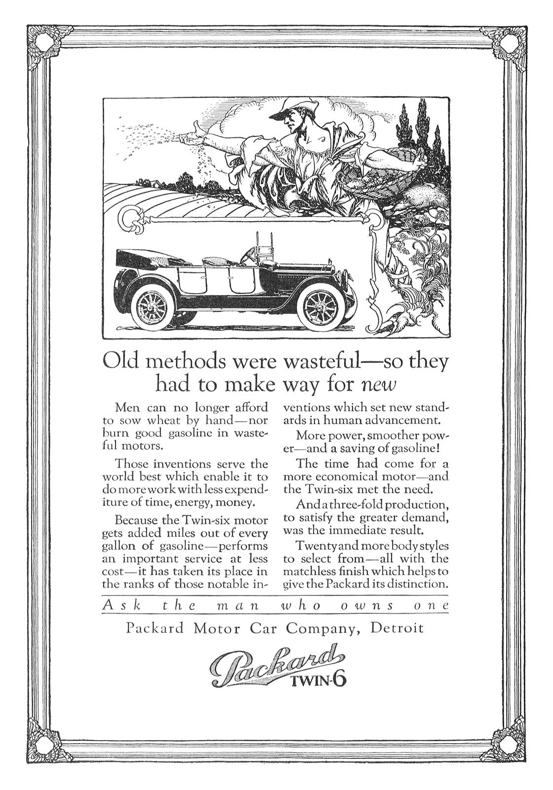 Packard Twin-6 Ad (June–July, 1917) – Old methods were wasteful—so they had to make way for new – Illustrated by Alfred Garth Jones?