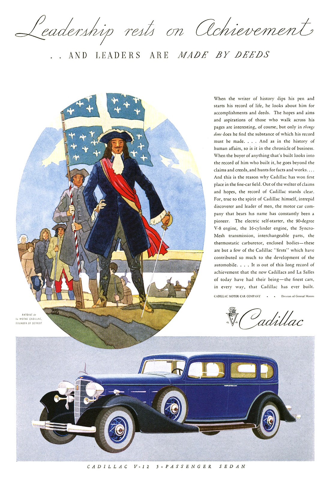 Cadillac V-12 5-Passenger Sedan Ad (February, 1933) – Leadership Rests on Achievement ..and Leaders are Made by Deeds – Antoine de la Mothe Cadillac, Founder of Detroit