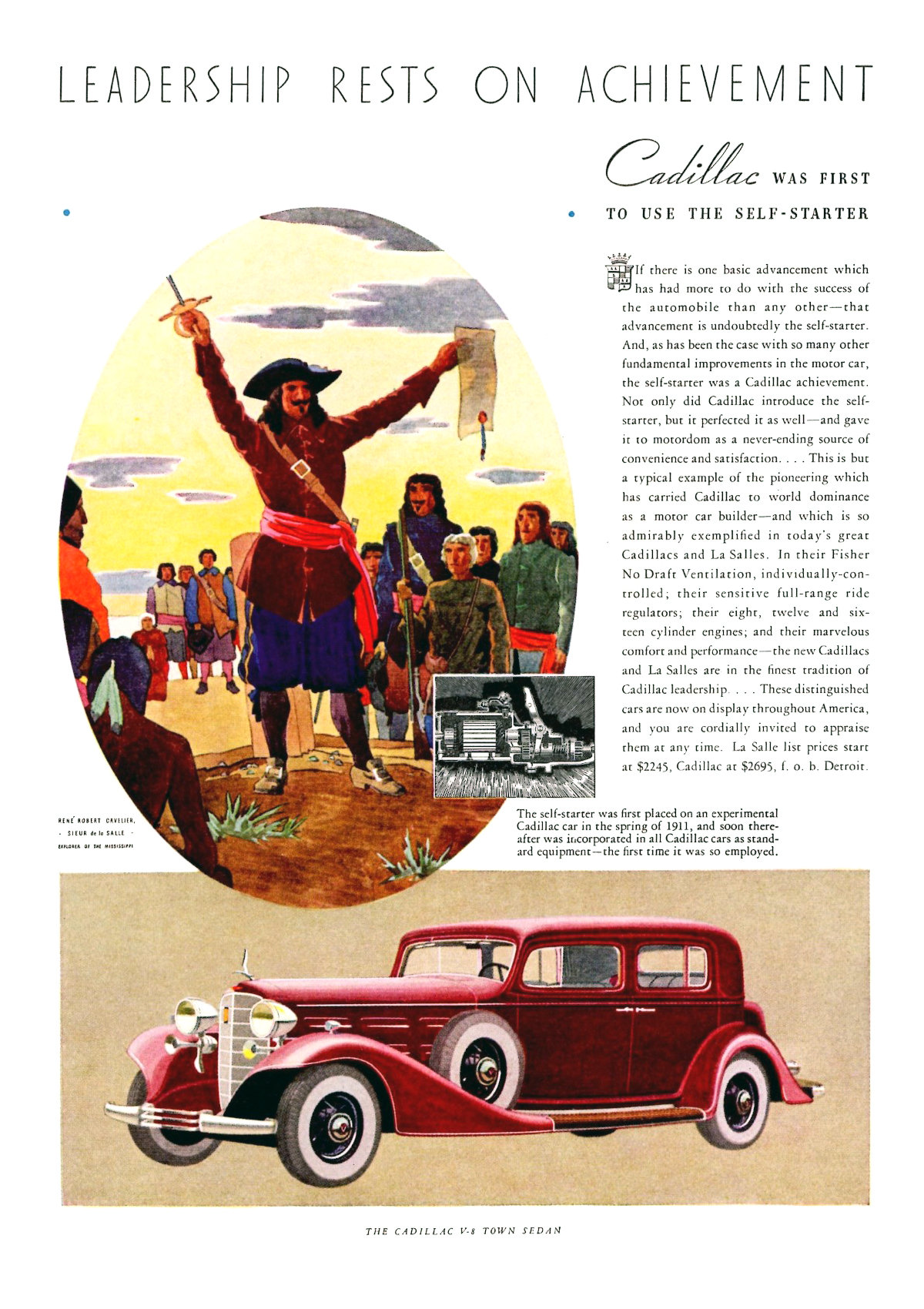 Cadillac V-8 Town Sedan Ad (March, 1933) – Cadillac was first to use the self-starter – René-Robert Cavelier, Sieur de La Salle, Explorer of the Mississippi