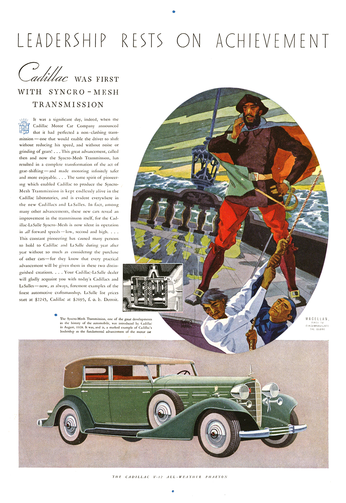 Cadillac V-12 All-Weather Phaeton Ad (April, 1933) – Cadillac was first with Syncro-Mesh Transmisssion – Magellan, First to Circumnavigate the Globe