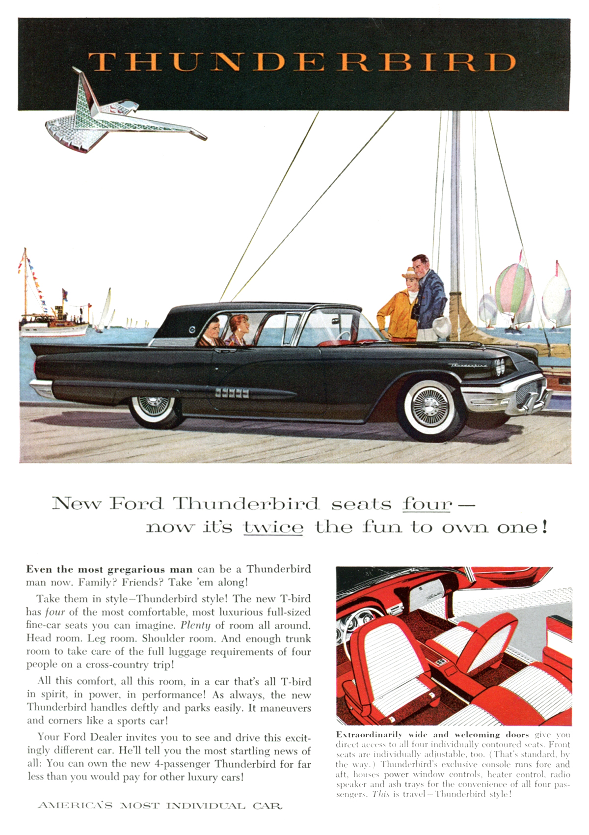 Ford Thunderbird Ad (April–May, 1958) – New Ford Thunderbird seats four — now it's twice the fun to own one!
