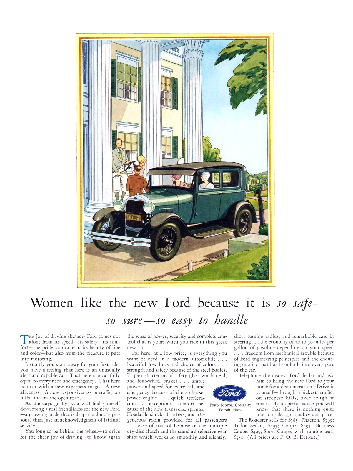 Ford Model A Tudor Sedan Ad (July, 1928) – Women like the new Ford because it is so safe—so sure—so easy to handle