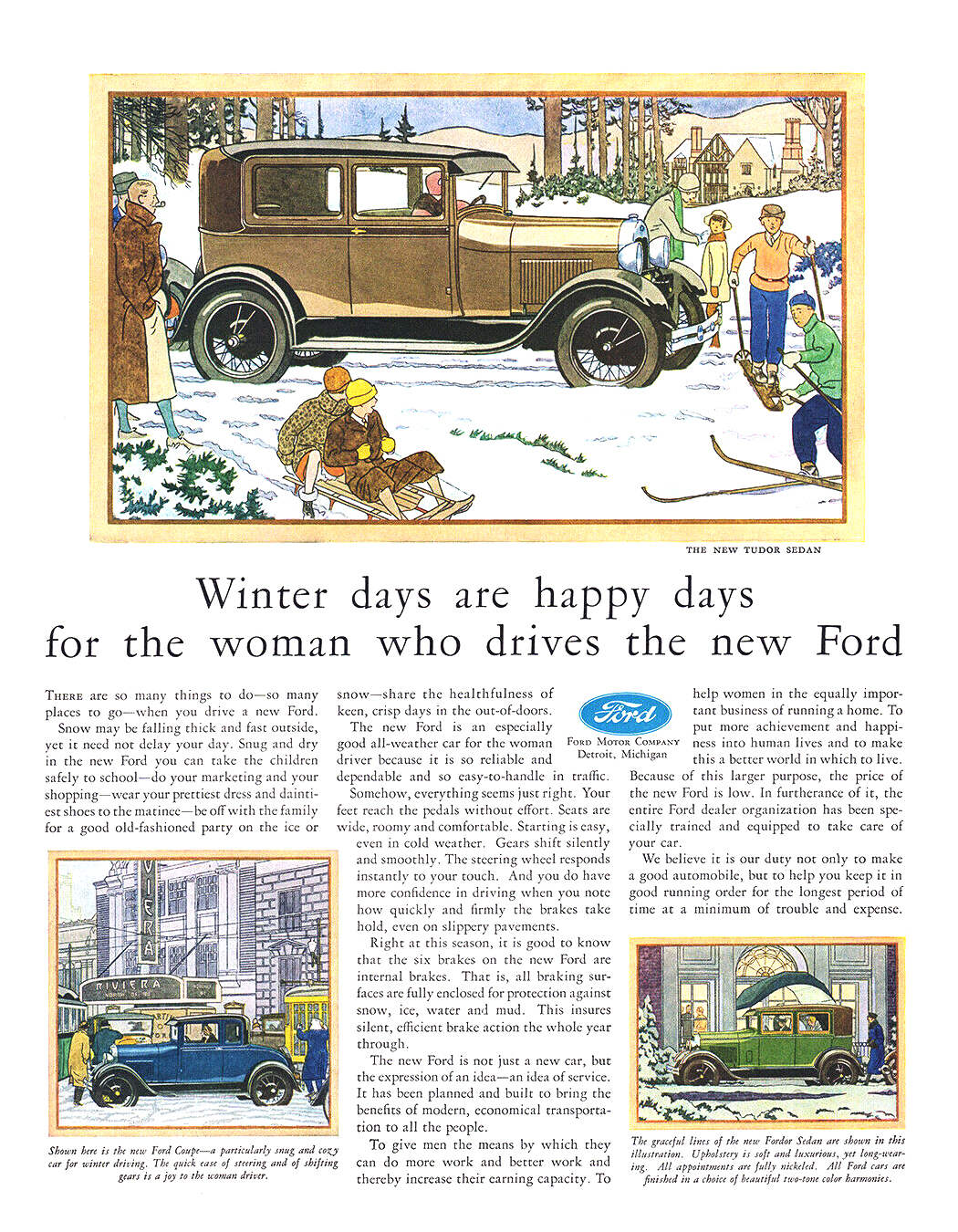 Ford Model A Tudor Sedan, Coupe and Fordor Sedan Ad (January, 1929) – Winter days are happy days for the woman who drives the new Ford