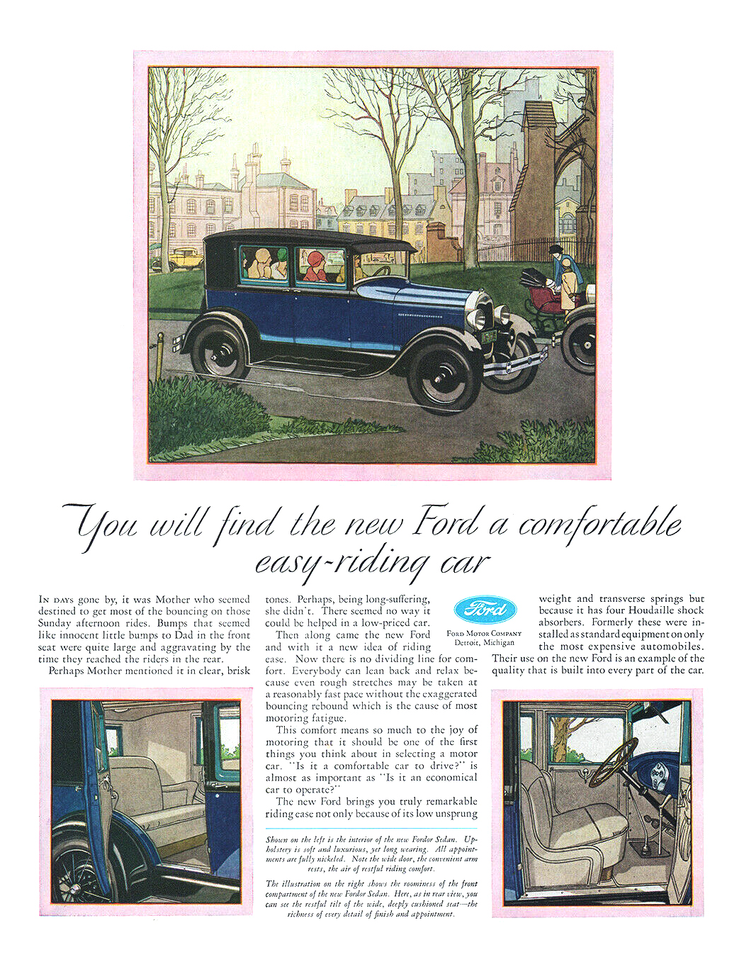 Ford Model A Fordor Sedan Ad (March, 1929) – You will find the new Ford a comfortable easy-riding car