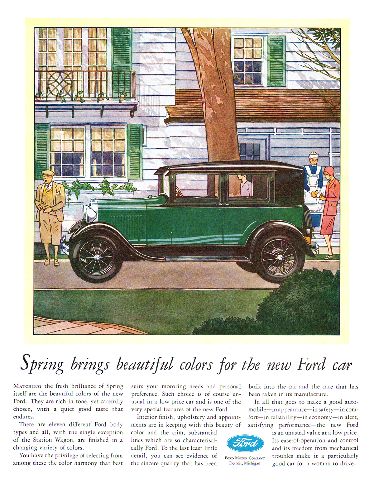 Ford Model A Fordor Sedan Ad (June, 1929) – Spring brings beautiful colors for the new Ford car