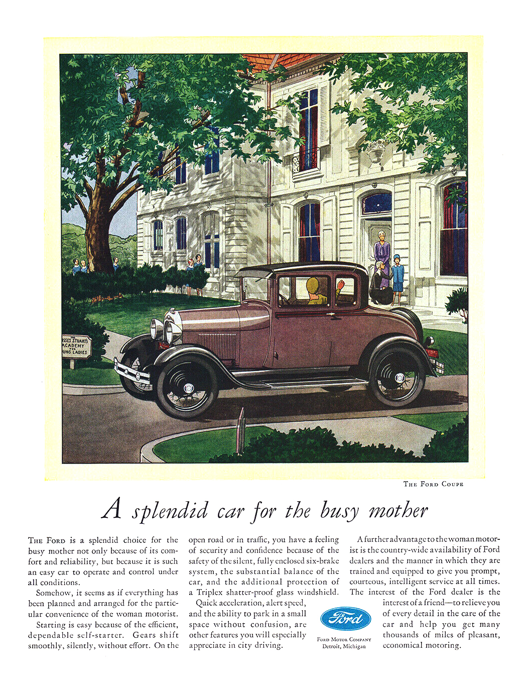 Ford Model A Coupe Ad (October, 1929) – A splendid car for the busy mother