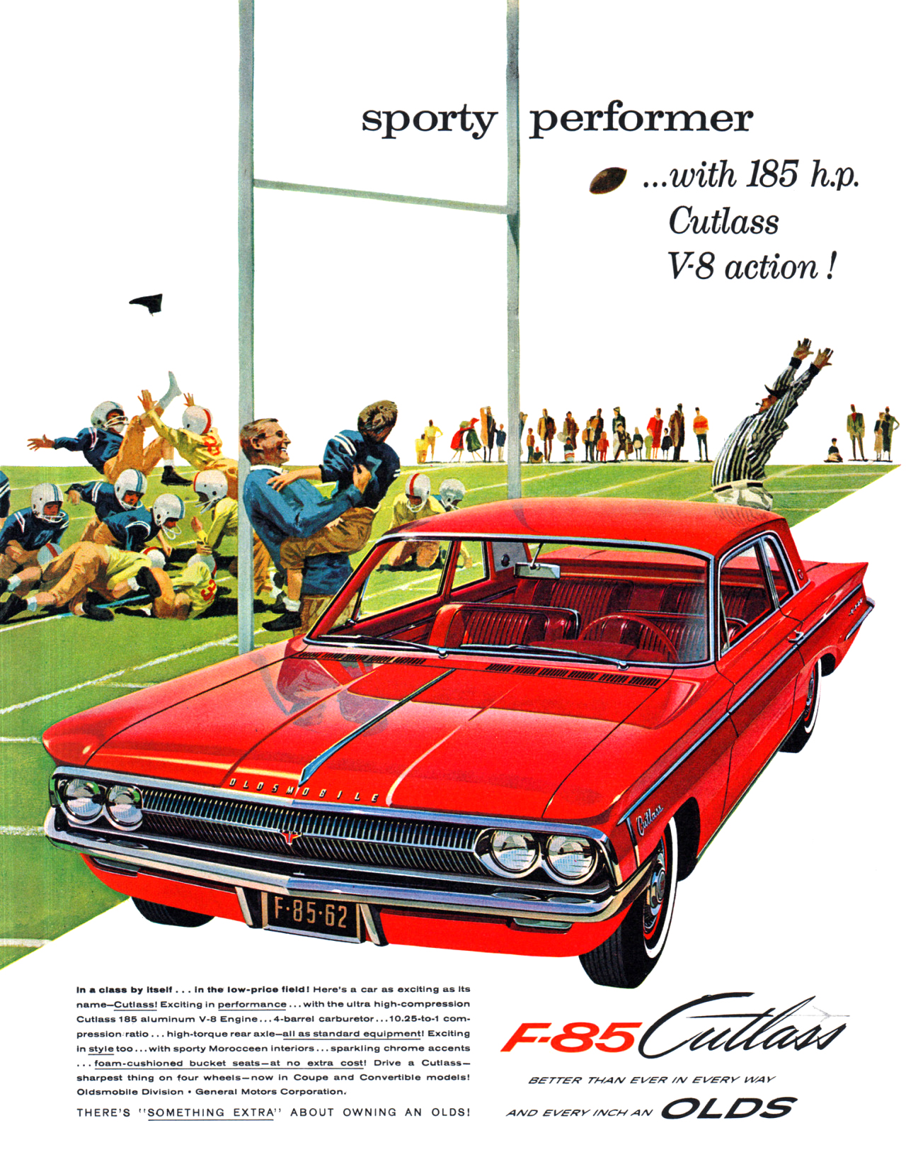 Oldsmobile F-85 Cutlass Ad (October, 1961) – Sporty Performer ...with 185 h.p. Cutlass V-8 action!
