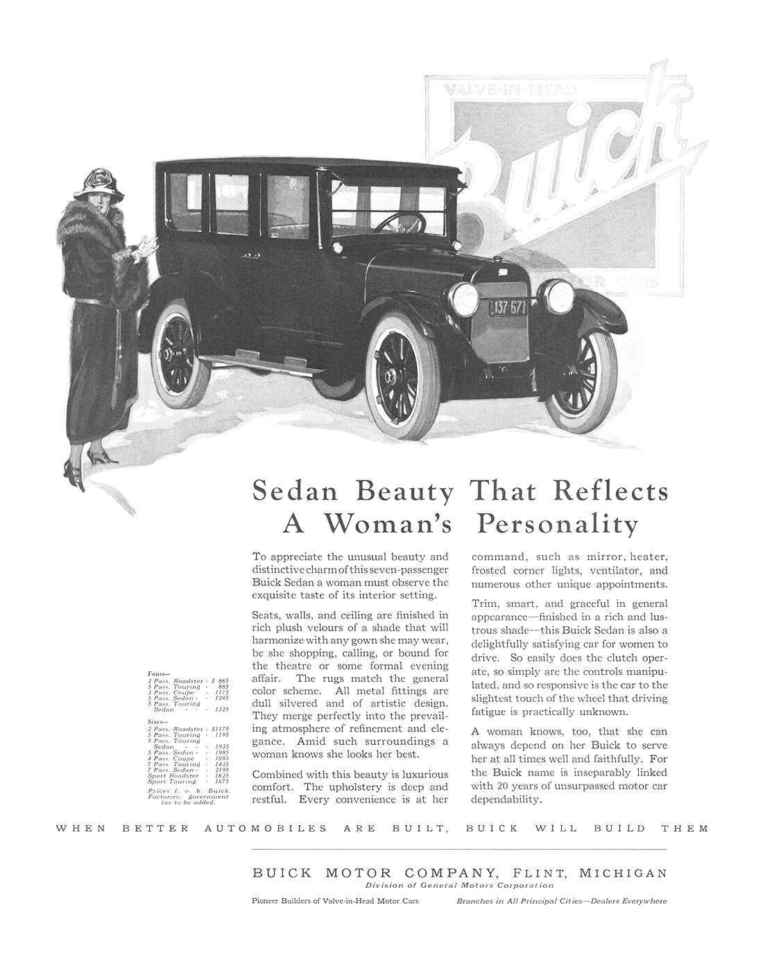 Buick Six Seven Passenger Sedan Ad (March, 1923) – Sedan Beauty That Reflects A Woman's Personality