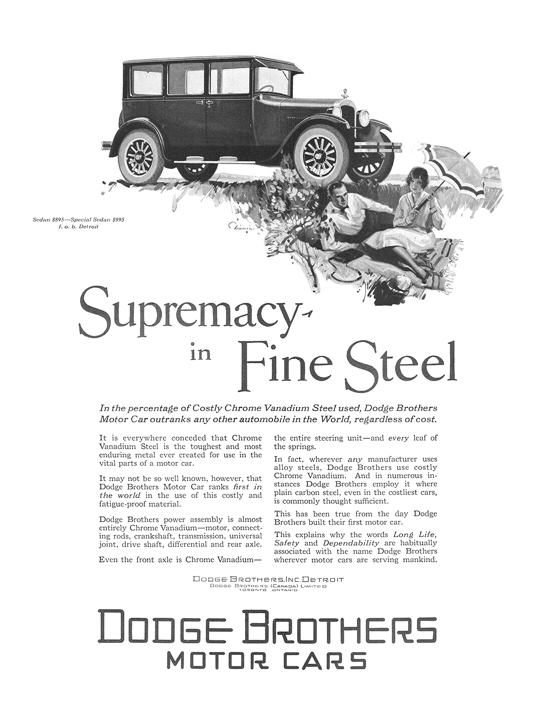 Dodge Brothers Sedan Ad (July, 1926) – Supremacy in Fine Steel – Illustrated by Harry Laverne Timmins