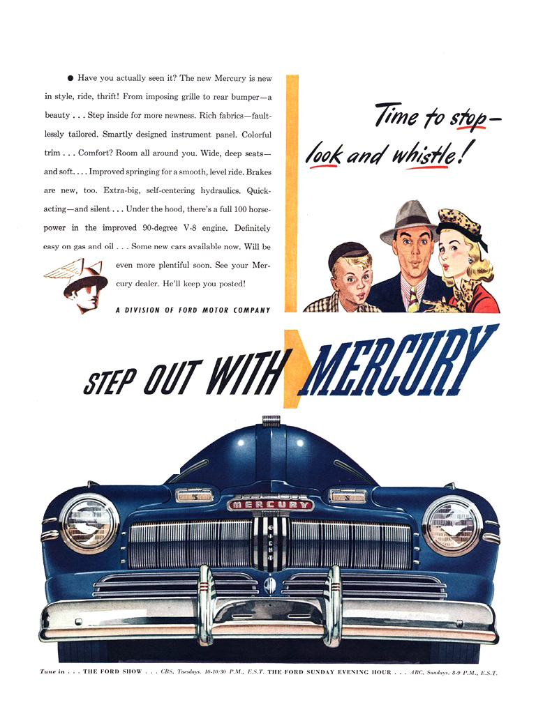 Mercury Ad (December, 1945) – Step Out With Mercury – Time to stop – look and whistle!