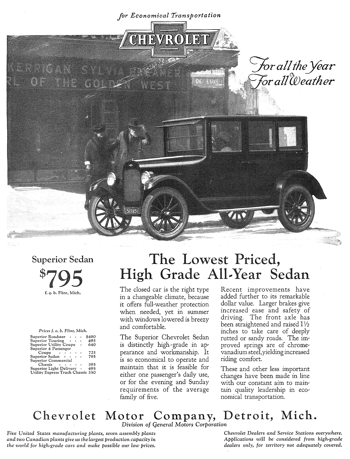 Chevrolet Superior Sedan Ad (March, 1924): The Lowest Priced, High Grade All-Year Sedan